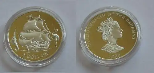 5 Dollar Silber Münze Bahamas 1993 Galeone zwischen Marlin und Flamingo (132266)