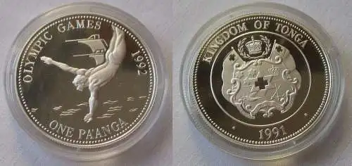 1 Pa´anga Silber Münze Tonga Olympia Barcelona 1992, Turmspringer 1991 (107232)