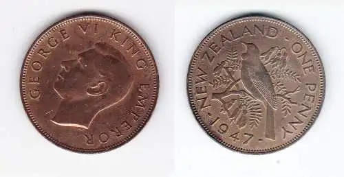 1 Penny Kupfer Münze Neuseeland 1947 Georg VI. (129870)