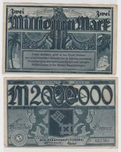 2 Millionen Mark Banknote Freie Hansestadt Bremen 17.08.1923 (133256)