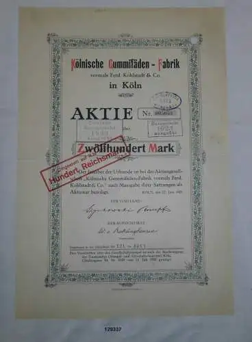 1200 Mark Aktie Kölnische Gummifäden-Fabrik vorm. Ferd. Kohlstadt 1920 (129337)
