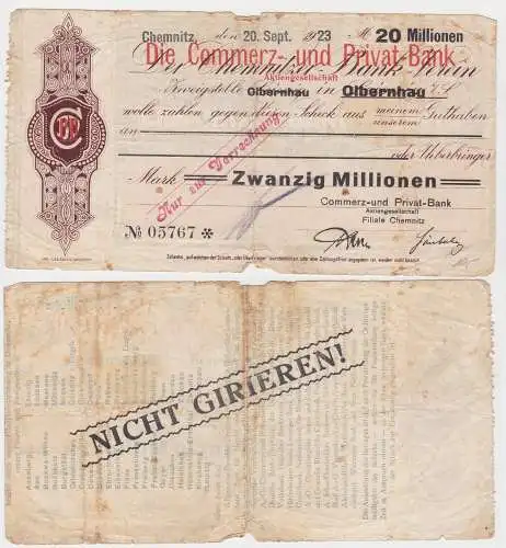 20 Millionen Mark Banknote Olbernhau Commerz- und Privat Bank 1923 (130770)
