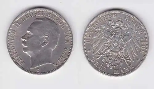 3 Mark Silbermünze Baden Großherzog Friedrich II 1908 Jäger 39 ss+ (151363)
