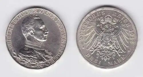 3 Mark Silbermünze Preussen Kaiser in Uniform 1913 Jäger 112 vz (150816)