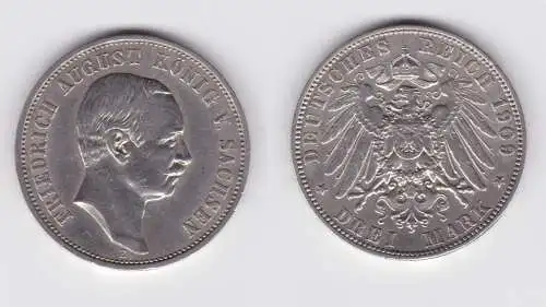 3 Mark Silber Münze Sachsen König Friedrich August 1909 E ss+ (151413)