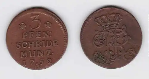 3 Pfennige Kupfer Münze Brandenburg Preussen 1752 A f.vz (151038)