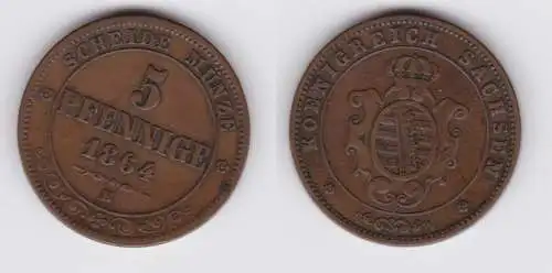 5 Pfennige Bronze Münze Sachsen 1864 B ss (151217)