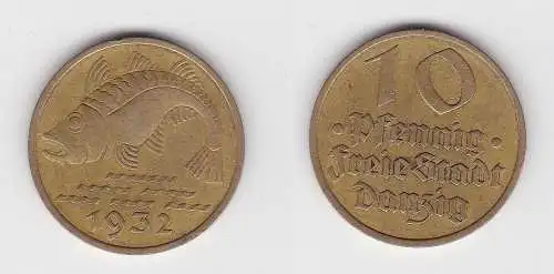 10 Pfennig Messing Münze Danzig 1932 Dorsch Jäger D 13 ss+ (150547)