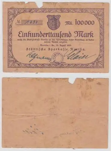 100000 Mark Banknote Städtische Sparkasse Hartha 10.8.1923 (141447)