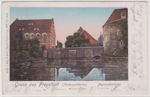 901881 Ak Gruss aus Freystadt (Niederschlesien) - Nepomukbrücke 1902