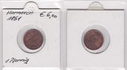 1 Pfennig Kupfer Münze Hannover 1861 B f.vz (146704)