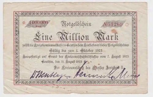 1 Million Mark Banknote Inflation Genthin Kreisausschuß Jerichow 2 1923 (151943)