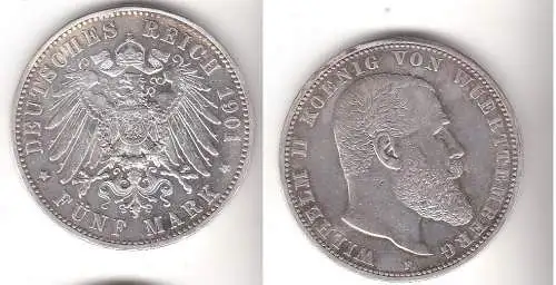 5 Mark Silbermünze Württemberg König Wilhelm II 1901 Jäger 176  (112049)
