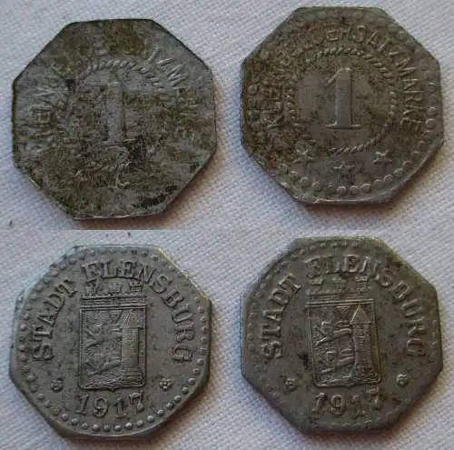 2 x 1 Pfennig Eisen Münzen Notgeld Stadt Flensburg 1917 (133525)