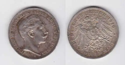 3 Mark Silbermünze Preussen Kaiser Wilhelm II 1910 Jäger 103 ss (130091)