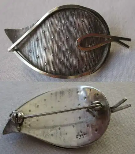 elegante 835er Silber Brosche zwei übereinander geschobene Blätter (152095)