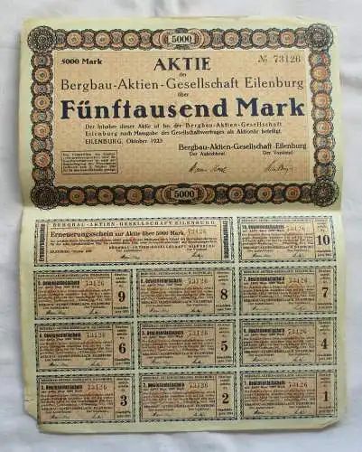 5.000 Mark Aktie Bergbau-Aktien-Gesellschaft Eilenburg Oktober 1923 (147008)