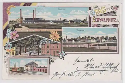 78539 Ak Lithographie Gruss aus Schwepnitz Glasfabrik, Bahnhof, Post 1900