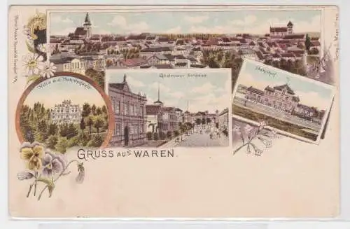 61124 Ak Lithographie Gruss aus Waren Bahnhof, Güstrower Straße um 1900