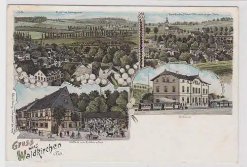 89824 Ak Lithographie Gruß aus Waldkirchen in Sa. Bahnhof und Gasthof 1907