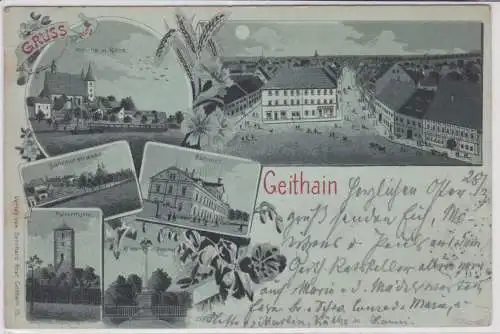 60924 Mondscheinkarte Gruß aus Geithain Bahnhof usw. 1899