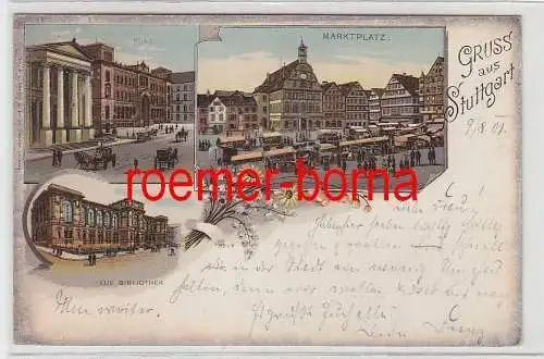76624 Ak Lithografie Gruss aus Stuttgart Post, Marktplatz, Neue Bibliothek 1901