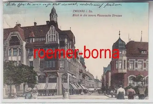 76657 Ak Zwickau i.Sa. Blick i.d. innere Plauensche Strasse m. Hut-Geschäft 1908