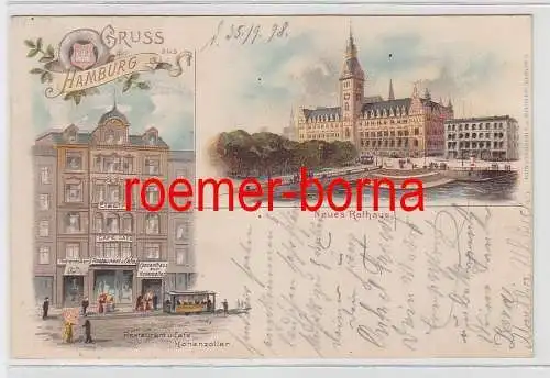 76409 Ak Lithografie Gruss aus Hamburg Restaurant Hohenzoller Neues Rathaus 1898