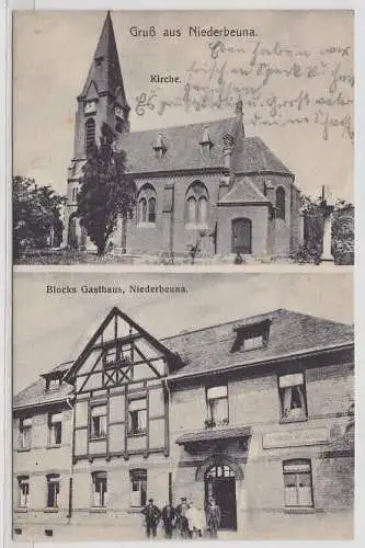 40468 Ak Gruß aus Niederbeuna, Kirche und Blocks Gasthaus, 1911