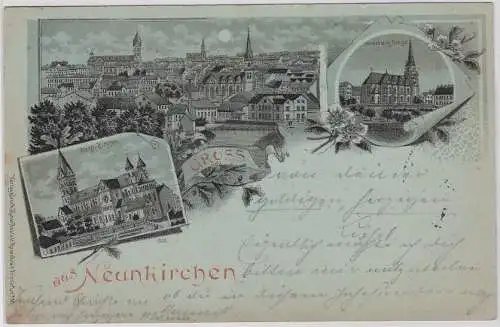 98560 Mondschein AK Gruss aus Neunkirchen - Kath Kirche, untere evg. Kirche 1900