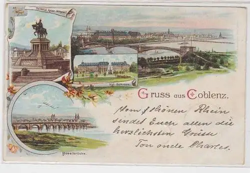 98503 Lithographie Ak Gruss aus Coblenz - Moselbrücke, Denkmal, kgl. Schloss