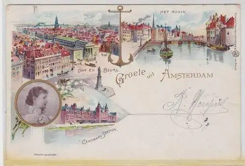 51189 Lithographie Ak Groete uit Amsterdam - Central Station, Het Rokin 1897