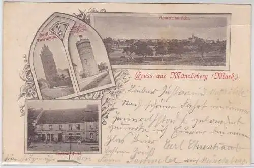 79722 AK Gruss aus Müncheberg, Berliner & Cüstriner Thorthurm Central Hotel 1899