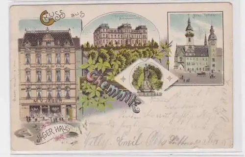 907963 Lithographie Ak Gruss aus Chemnitz - Jägerhaus, altes Rathaus usw. 1900