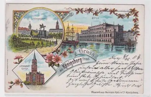 907958 Lithographie Ak Gruss aus Königsberg - Königsgarten, Börse u. Kirche 1903