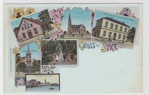 908191 Lithographie Ak Gruss aus Syke - Koldehofes Haus, Kirche, Kriegerdenkmal