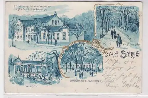 908192 Lithographie Ak Gruss aus Syke - Hotel z. Schützenhause, Veranda usw 1900
