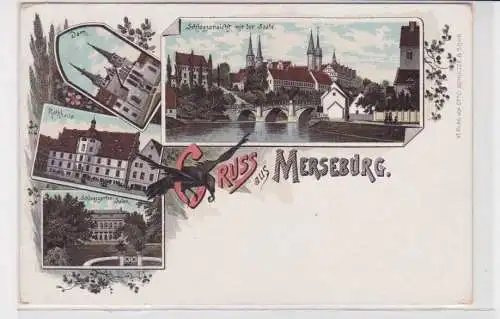 907825 Lithographie Ak Gruss aus Merseburg - Dom, Rathaus und Schloss um 1900