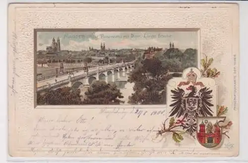 908531 geprägte Wappen Ak Magdeburg - Panorama mit Dom Lange Brücke 1900
