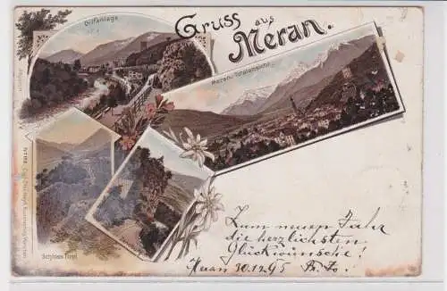 908415 Lithographie Ak Gruss aus Meran - Gilfanlage, Totalansicht, Schloss Tirol