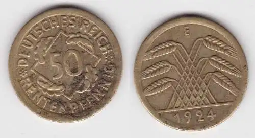 50 Rentenpfennig Messing Münze Weimarer Republik 1924 E Jäger 310 ss (143266)