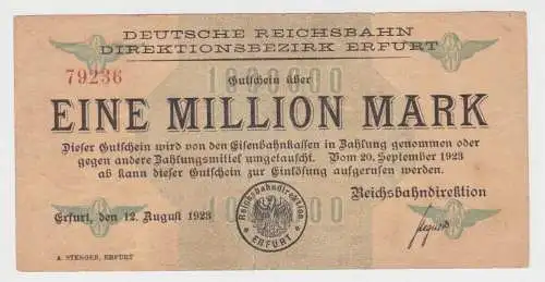 1 Million Mark Banknote Reichsbahndirektion Erfurt 12.8.1923  (147113)