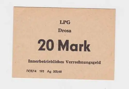 20 Mark Banknote DDR LPG Geld "Drosa" 1968 kassenfrisch  (120274)