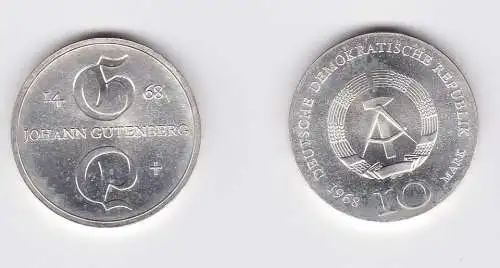 DDR Gedenk Silber Münze 10 Mark Johann Gutenberg 1968 Stempelglanz (128445)