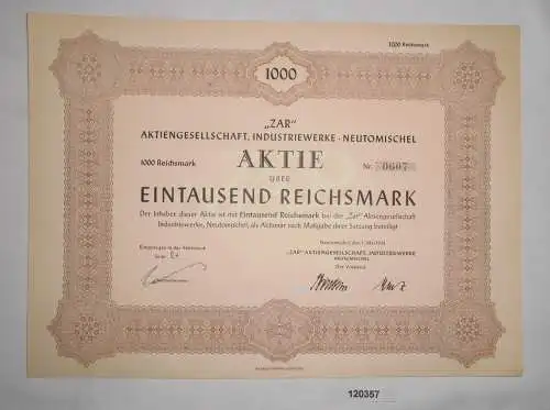 1000 RM Aktie "ZAR" AG Industriewerke Neutomischel 1. Mai 1943 (120357)