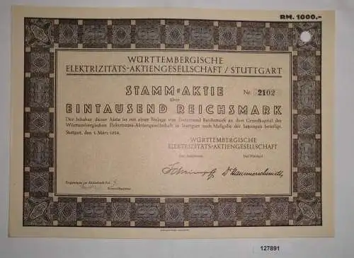 1000 RM Aktie Württembergische Elektrizitäts AG Stuttgart 1. März 1928 (127891)