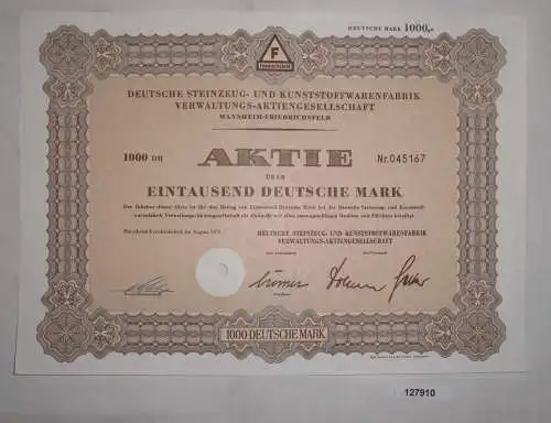 1000 DM Aktie Steinzeug & Kunststoffwarenfabrik Mannheim Friedrichsfeld (127910)