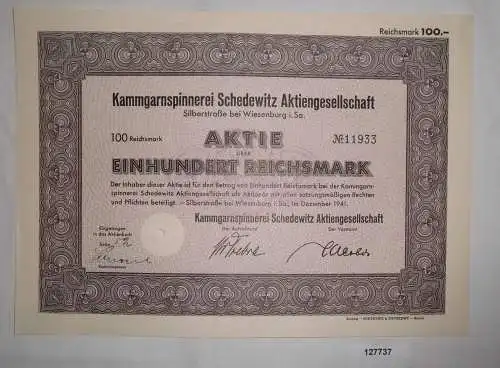 100 RM Aktie Kammgarnspinnerei Schedewitz AG Silberstr. b. Wiesenburg (127737)