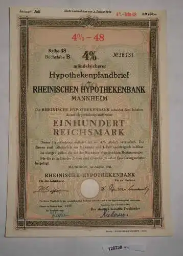 100 Reichsmark Pfandbrief Rheinische Hypothekenbank Mannheim Aug. 1941 (128238)