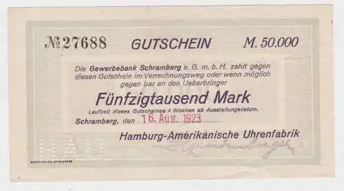50000 Mark Banknote Inflation Schramberg Hamburg Amerik.Uhrenfabrik 1923(140050)